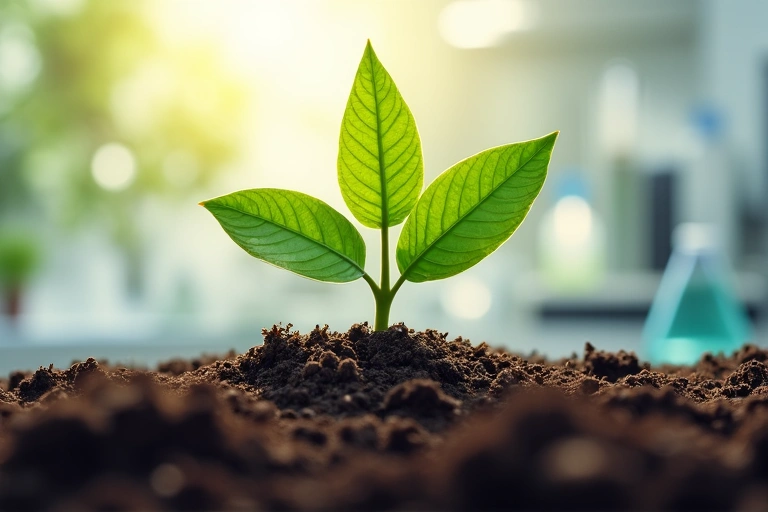 Ilustrație a începuturilor GlucoSanatatec, cu o plantă în creștere dintr-un sol fertil și un fundal estompat de laborator sau cercetare.